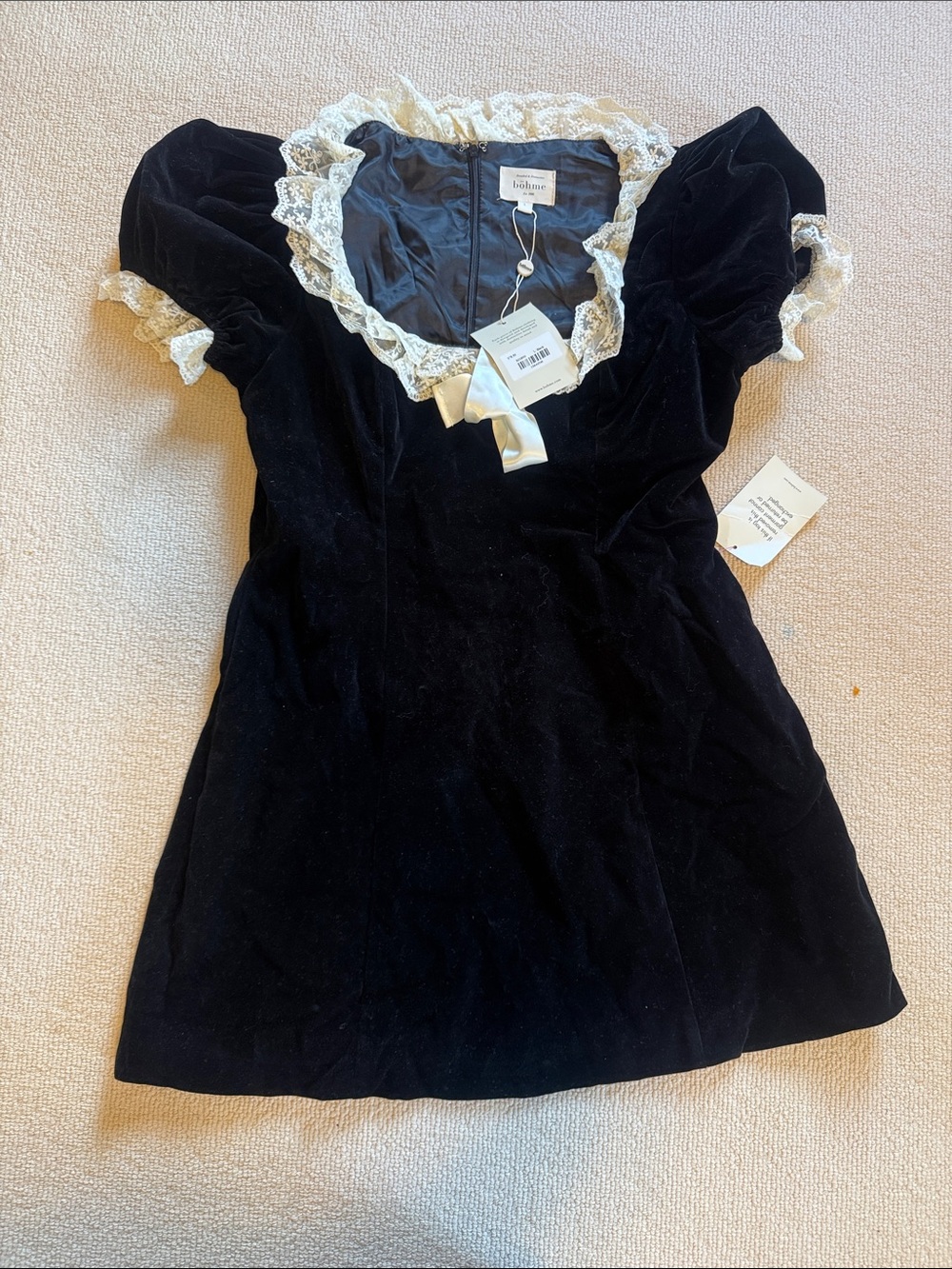 Boheme Black Velvet Mini Dress with Cream Lace Trim - Picture 3 of 4